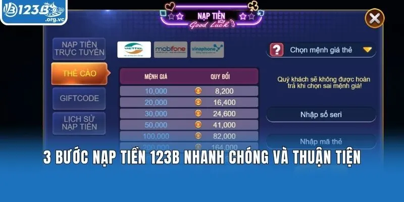 3 bước nạp tiền 123B nhanh chóng và thuận tiện